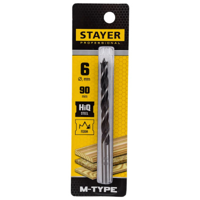 Сверло спиральное по дереву "M-type", М-образная заточка,сталь HCS STAYER Professional 2942-090-06