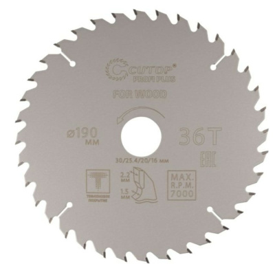 Диск пильный по дереву с тефлоновым покрытием 36Т, CUTOP Profi plus, 190 х 1,5/2,2 х 30/25,4/20/16 м