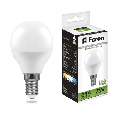 Лампа светодиодная LED 7вт Е14 белый шар Feron