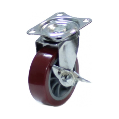 Колесо мебел. поворотное c тормозом 75мм (красный пластик)