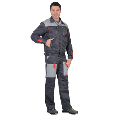 Костюм мужской «ФАВОРИТ-2» куртка, полукомбинезон цвет: т. серый, св.серый, крас(44-46)88-92/182-188