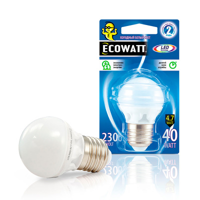 Лампа светодиод.ECOWATT Р45 230В 4.7(40) W 4000К Е27 холодный белый свет