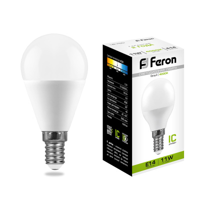 Лампа светодиодная LED 11вт Е14 белый матовый шар Feron