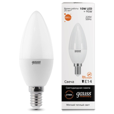 Лампа светодиодная LED 10вт 230в,Е1 4,теплый, свеча Gauss Elementary