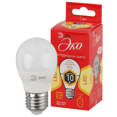 Лампа светодиодная, т/бел, 800 lm ЭРА LED smd P45-10w-827-E27 ECO